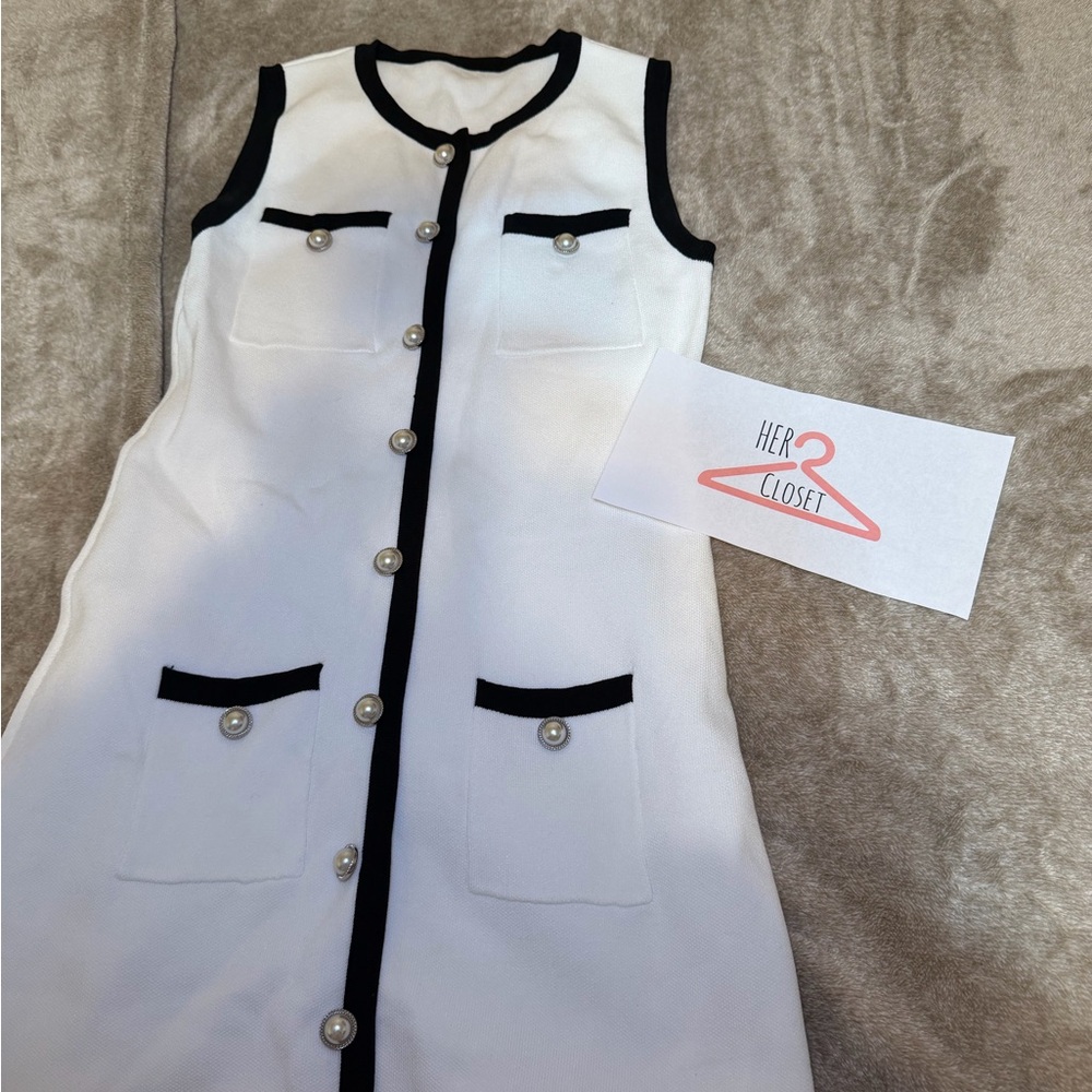 Commense - Preppy White Dress with Black Trim & Pearl Buttons